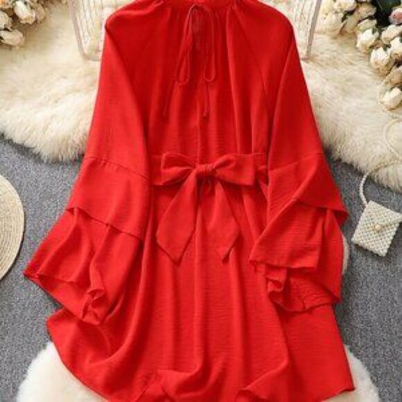 Red Glam Women's V-Neck Asymmetrical Tie-Up Long Sleeve Loose Mini Dress - Picture 3 of 8